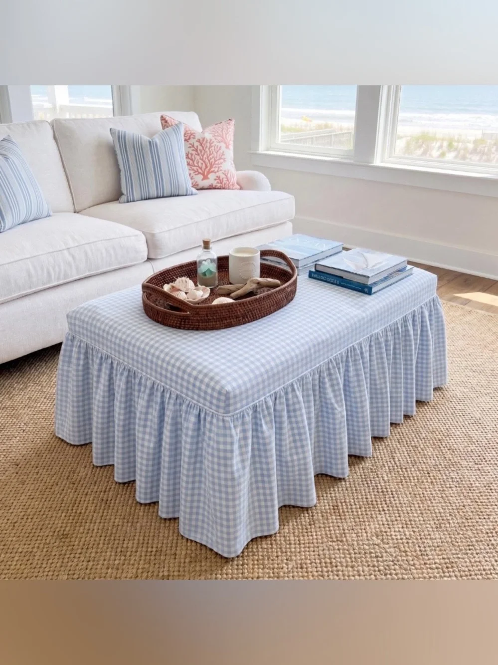 Blue Gingham Living Room Tablecloth Furniture Cover 48x25x18”